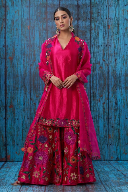 Buy_Label Niti Bothra_Pink Kora Silk Mughal Round Floral Applique Kurta Sharara Set _Online_at_Aza_Fashions