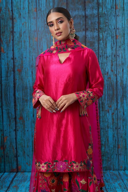 Shop_Label Niti Bothra_Pink Kora Silk Mughal Round Floral Applique Kurta Sharara Set _Online_at_Aza_Fashions