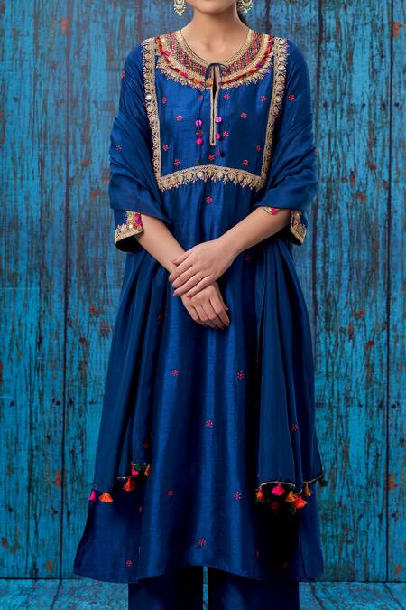 Buy_Label Niti Bothra_Blue Silk Round Colourful Coin Work Kurta And Palazzo Set _Online_at_Aza_Fashions