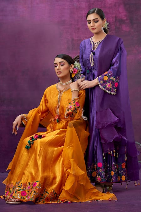 Label Niti Bothra_Yellow Kora Silk Mughal Round Floral Applique Work Anarkali With Dupatta _Online_at_Aza_Fashions