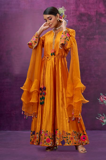 Shop_Label Niti Bothra_Yellow Kora Silk Mughal Round Floral Applique Work Anarkali With Dupatta _Online_at_Aza_Fashions