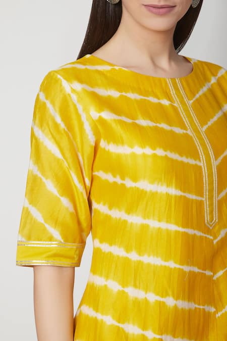 Buy_Ruchira Nangalia_Yellow Modal Satin Round Leheriya Bandhej Kurta And Palazzo Set _Online_at_Aza_Fashions