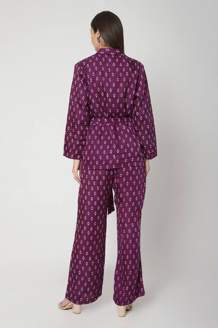 Shop Ruchira Nangalia Purple Modal Satin Collared Neck Handblock Print Top And Pant Set at Aza Fashions Shop_Ruchira Nangalia_Purple Modal Satin Collared Neck Handblock Print Top And Pant Set_at_Aza_Fashions