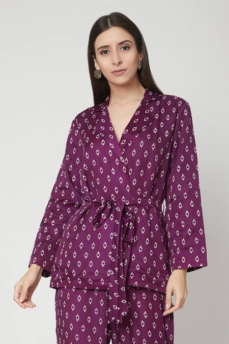 Ruchira Nangalia Purple Modal Satin Collared Neck Handblock Print Top And Pant Set Online at Aza Fashions Ruchira Nangalia_Purple Modal Satin Collared Neck Handblock Print Top And Pant Set_Online_at_Aza_Fashions