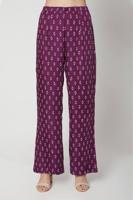 Buy Ruchira Nangalia Purple Modal Satin Collared Neck Handblock Print Top And Pant Set Online at Aza Fashions Buy_Ruchira Nangalia_Purple Modal Satin Collared Neck Handblock Print Top And Pant Set_Online_at_Aza_Fashions