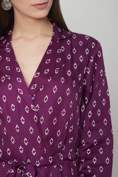 Shop Ruchira Nangalia Purple Modal Satin Collared Neck Handblock Print Top And Pant Set Online at Aza Fashions Shop_Ruchira Nangalia_Purple Modal Satin Collared Neck Handblock Print Top And Pant Set_Online_at_Aza_Fashions