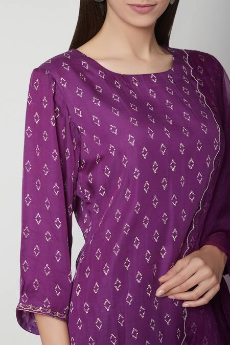 Buy_Ruchira Nangalia_Purple Kurta Modal Satin Dupatta Organza Round Handblock Print Palazzo Set_Online_at_Aza_Fashions