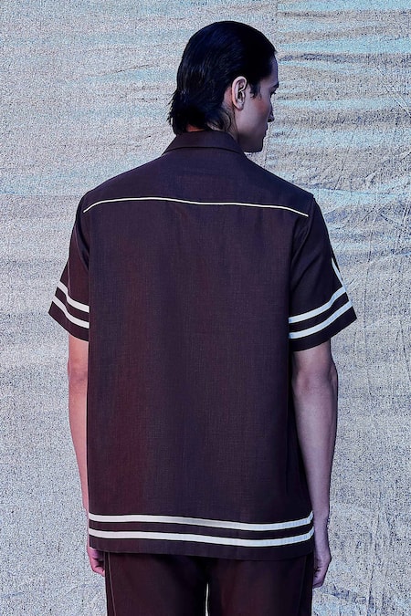 Shop_Line Out Line_Brown Cotton Contrast Stripe Pattern Resort Shirt_Online_at_Aza_Fashions