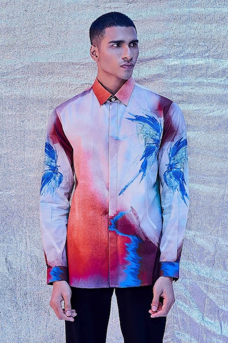 Shop_Line Out Line_Multi Color Cotton Poplin Print Abstract Splash Shirt_Online_at_Aza_Fashions