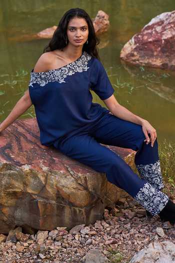Dash And Dot_Blue 100% Viscose Metallic One Shoulder Off Embroidered Top_Online_at_Aza_Fashions