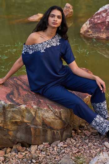 Buy_Dash And Dot_Blue 100% Viscose Metallic One Shoulder Off Embroidered Top_Online_at_Aza_Fashions