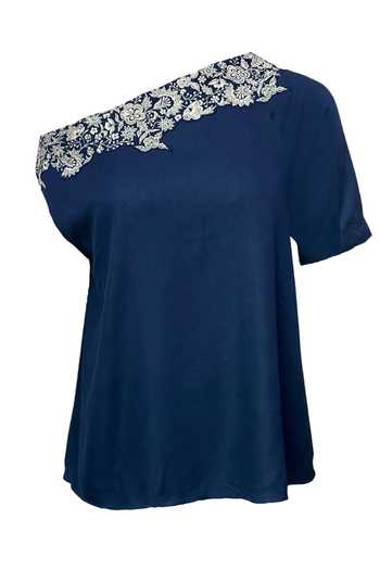 Shop_Dash And Dot_Blue 100% Viscose Metallic One Shoulder Off Embroidered Top_Online_at_Aza_Fashions