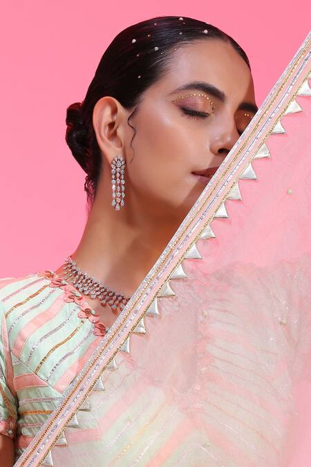 Label Nitika_Green Dupatta Organza, Madras Gota, Chevron Embroidered Lehenga Set_Online_at_Aza_Fashions