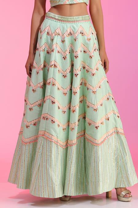 Buy_Label Nitika_Green Dupatta Organza, Madras Gota, Chevron Embroidered Lehenga Set_Online_at_Aza_Fashions