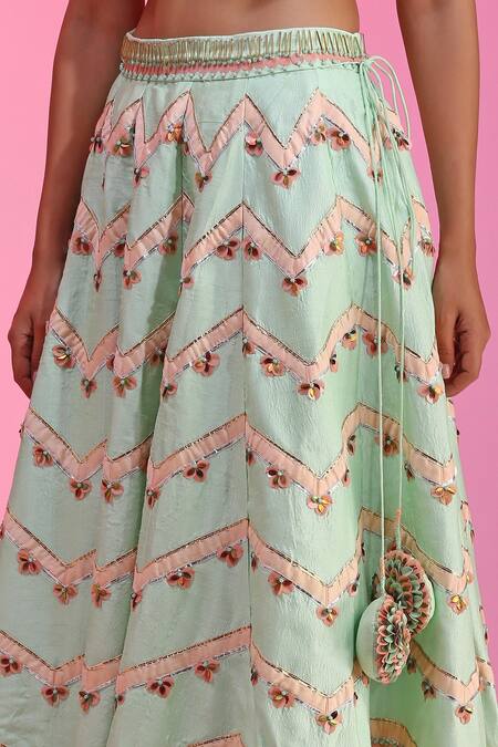 Shop_Label Nitika_Green Dupatta Organza, Madras Gota, Chevron Embroidered Lehenga Set_Online_at_Aza_Fashions
