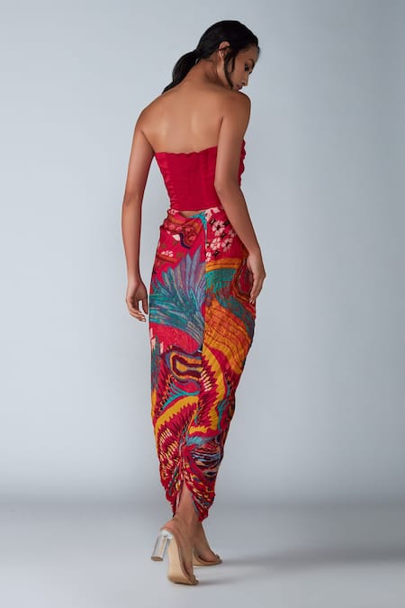 Shop Saaksha & Kinni Pink Satin, Cotton Silk Abstract Bird Print Straight Saree Dress at Aza Fashions Shop_Saaksha & Kinni_Pink Satin, Cotton Silk Abstract Bird Print Straight Saree Dress _at_Aza_Fashions