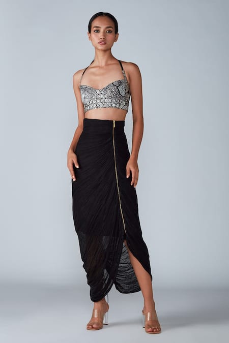 Saaksha & Kinni Black Cotton Silk Plain Micro Pleated Skirt