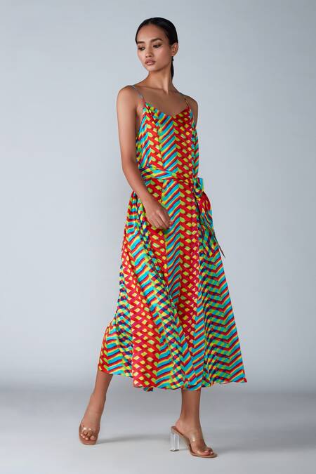 Saaksha & Kinni Multi Color Satin Leheriya V Neck Print Dress