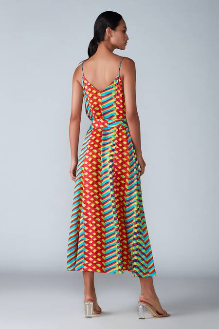 Shop Saaksha & Kinni Multi Color Satin Leheriya V Neck Print Dress at Aza Fashions Shop_Saaksha & Kinni_Multi Color Satin Leheriya V Neck Print Dress_at_Aza_Fashions