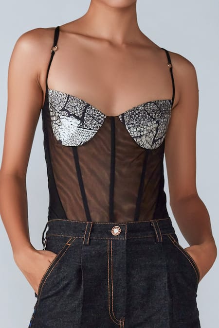 Buy Black Satin Printed Abstract Tile Sweetheart Panelled Bodysuit