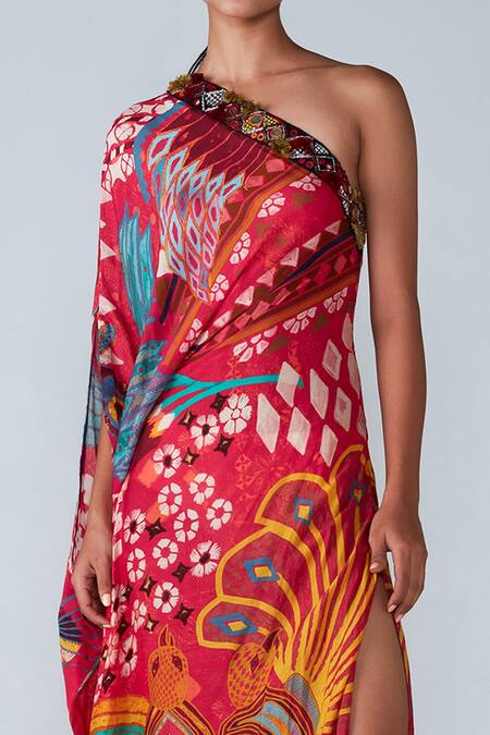 Saaksha & Kinni_Pink Satin Abstract Bird Print Asymmetric Kaftan Dress_Online_at_Aza_Fashions