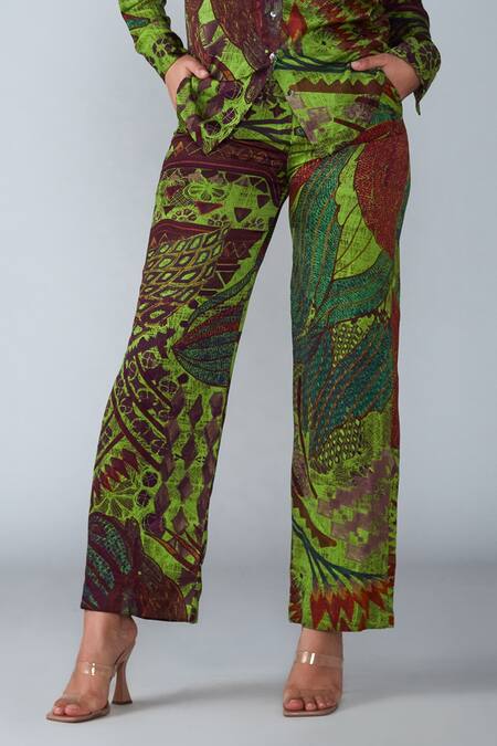 Saaksha & Kinni_Green Satin Abstract Bird Print Trouser_Online_at_Aza_Fashions