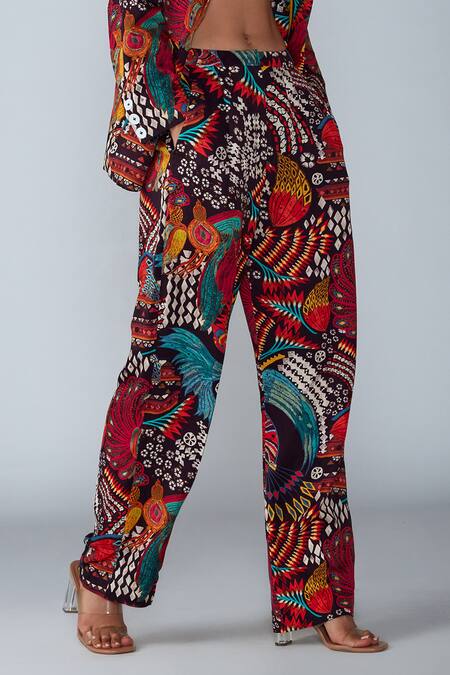 Saaksha & Kinni Multi Color Satin Abstract Bird Print Trouser Online at Aza Fashions Saaksha & Kinni_Multi Color Satin Abstract Bird Print Trouser_Online_at_Aza_Fashions