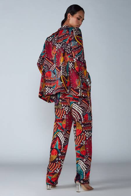 Shop Saaksha & Kinni Multi Color Satin Abstract Bird Print Trouser at Aza Fashions Shop_Saaksha & Kinni_Multi Color Satin Abstract Bird Print Trouser_at_Aza_Fashions