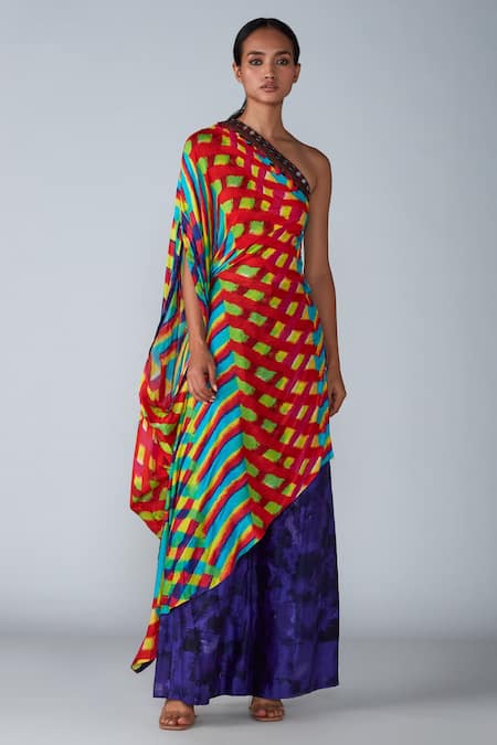 Saaksha & Kinni Multi Color Satin Printed Leheriya One Shoulder Kaftan 