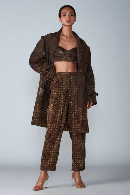 Saaksha & Kinni Brown Satin Abstract Grid Print Trouser