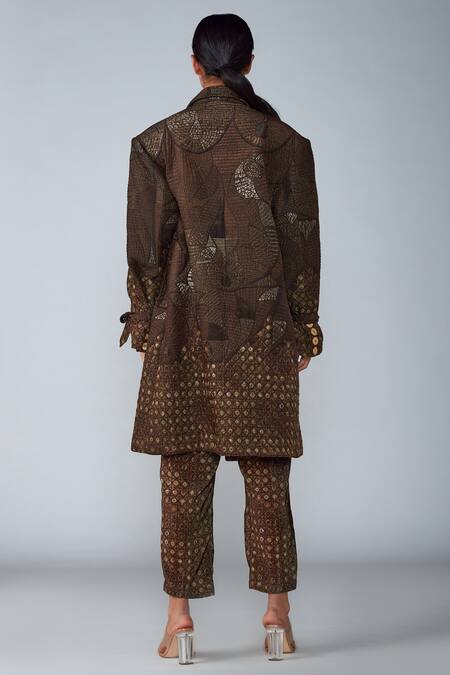 Saaksha & Kinni_Brown Satin Abstract Grid Print Trouser_Online_at_Aza_Fashions