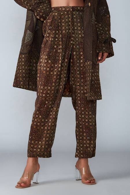 Buy_Saaksha & Kinni_Brown Satin Abstract Grid Print Trouser_Online_at_Aza_Fashions