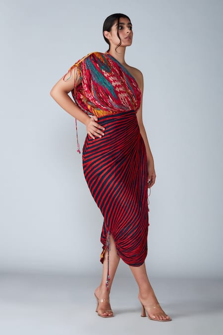 Saaksha & Kinni Pink Cotton Silk Printed Abstract Bird And Striped Micro Pleated Saree Dress