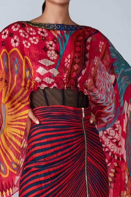 Saaksha & Kinni_Pink Chiffon Abstract Bird Motifs Straight Printed Dupatta Cape _Online_at_Aza_Fashions