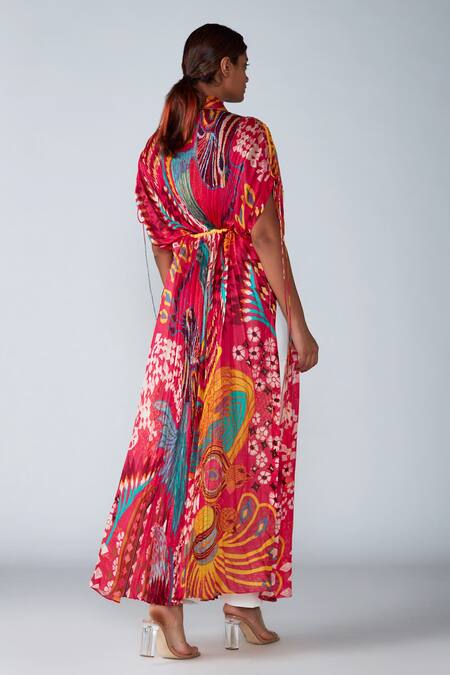 Shop_Saaksha & Kinni_Pink Cotton Silk Abstract Bird Motifs Shawl Collar Print Kaftan _at_Aza_Fashions