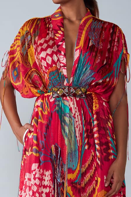Saaksha & Kinni_Pink Cotton Silk Abstract Bird Motifs Shawl Collar Print Kaftan _Online_at_Aza_Fashions