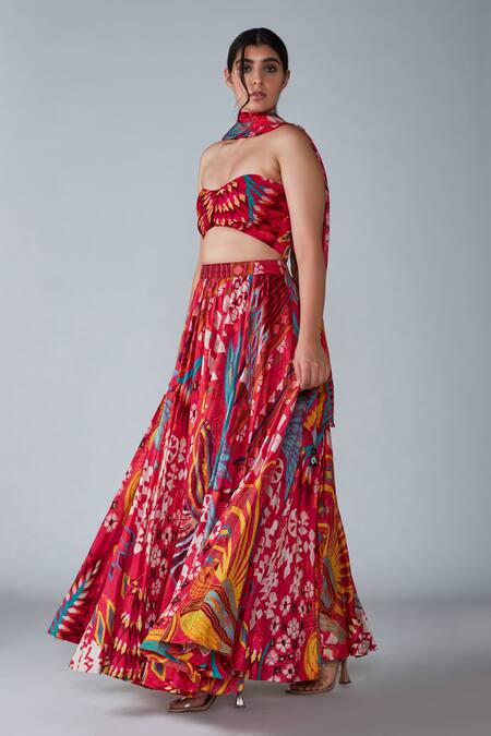 Saaksha & Kinni_Pink Chanderi Abstract Bird Print Lehenga_Online_at_Aza_Fashions