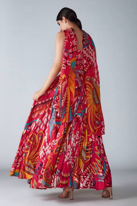 Shop_Saaksha & Kinni_Pink Chanderi Abstract Bird Print Lehenga_at_Aza_Fashions