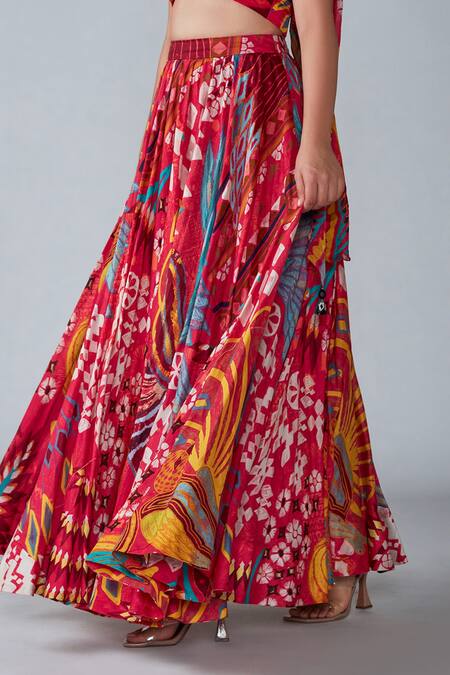 Buy_Saaksha & Kinni_Pink Chanderi Abstract Bird Print Lehenga_Online_at_Aza_Fashions