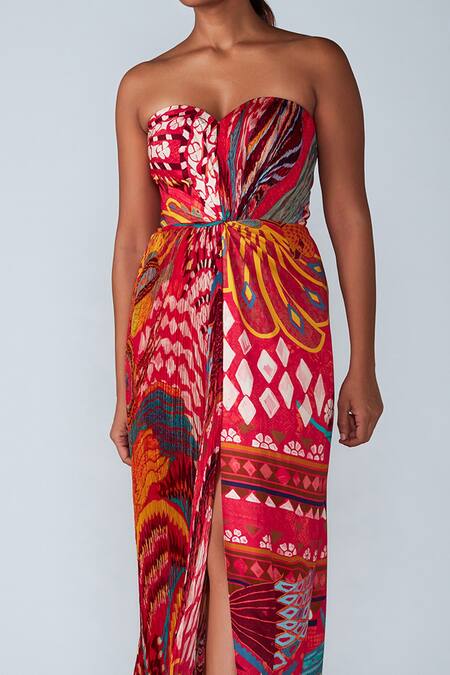 Saaksha & Kinni_Pink Satin And Chiffon Abstract Bird Print Sweetheart Neck Strapless Maxi Dress_Online_at_Aza_Fashions