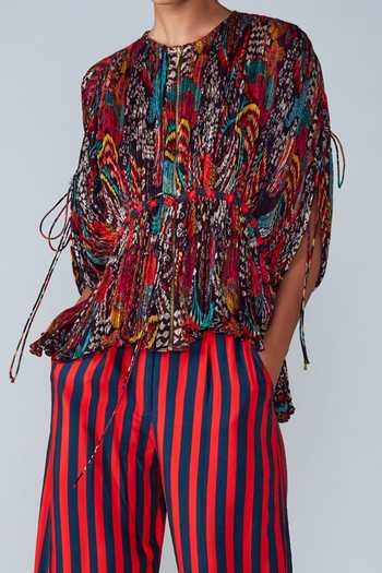 Saaksha & Kinni_Black Cotton Silk Abstract Bird Print Round Kaftan Top_Online_at_Aza_Fashions