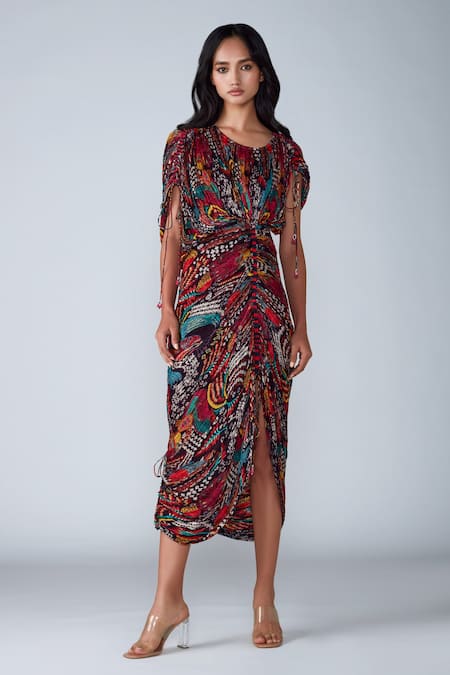 Saaksha & Kinni Black Cotton Silk Abstract Bird Round Saree Dress