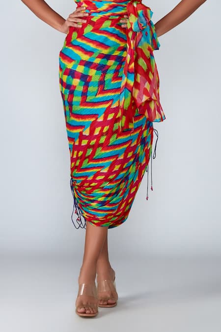 Saaksha & Kinni_Multi Color Cotton Silk Leheriya Print Skirt_Online_at_Aza_Fashions