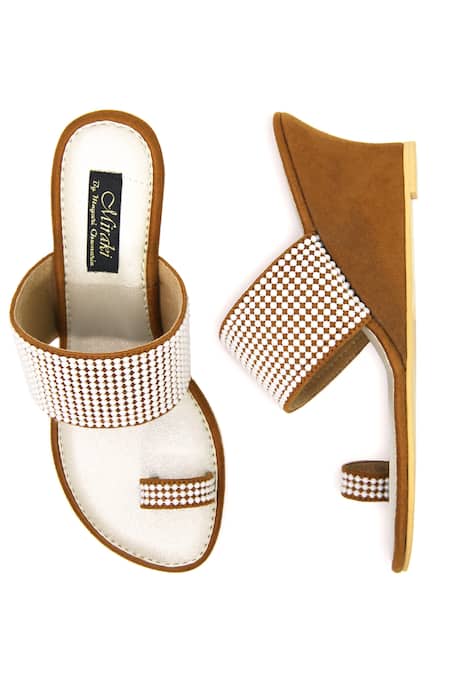 Shop Miraki Brown Embroidery Pearl Toe Ring Wedges at Aza Fashions Shop_Miraki_Brown Embroidery Pearl Toe Ring Wedges _at_Aza_Fashions