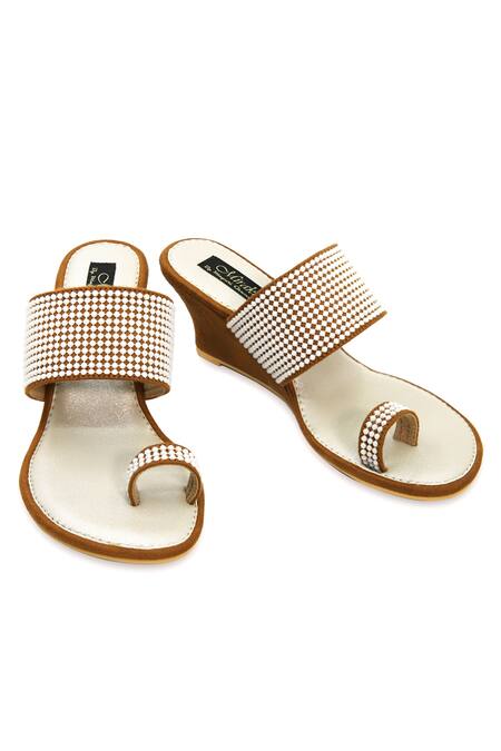 Miraki Brown Embroidery Pearl Toe Ring Wedges Online at Aza Fashions Miraki_Brown Embroidery Pearl Toe Ring Wedges _Online_at_Aza_Fashions