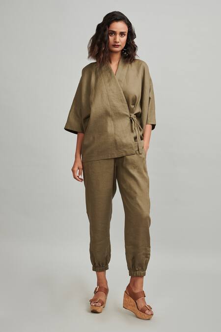 Dash And Dot Green Linen Top And Joggers Set 2