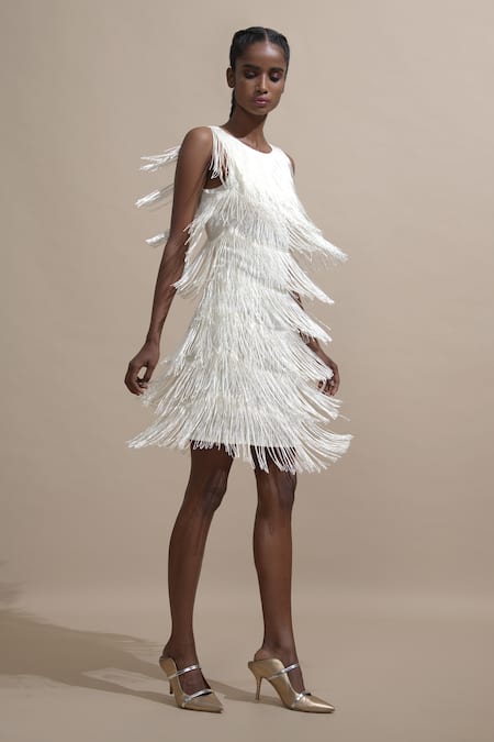 Dash and Dot White 100% Viscose Embellished Fringe Round Layered Dress 