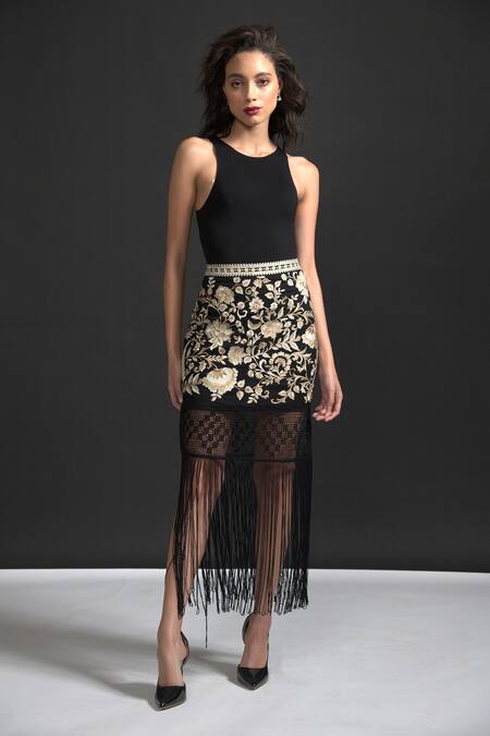 Dash And Dot_Black Fringe Hem Skirt_Online_at_Aza_Fashions