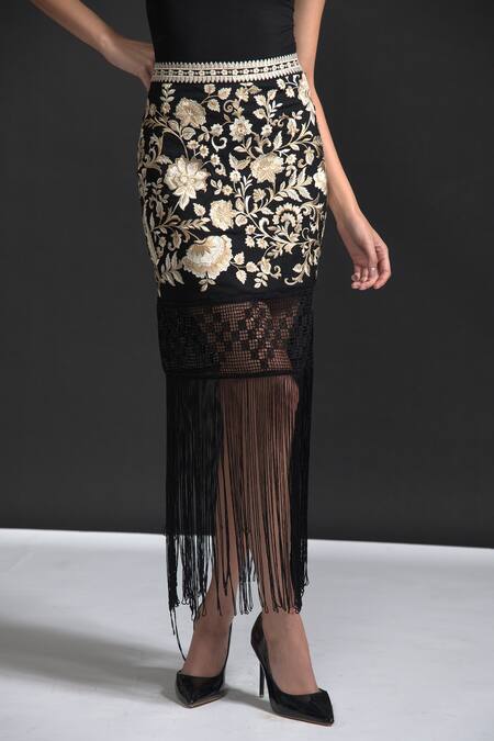 Shop_Dash And Dot_Black Fringe Hem Skirt_Online_at_Aza_Fashions
