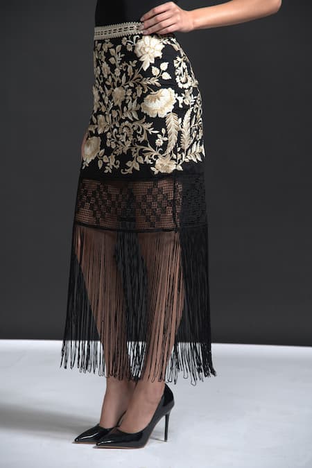 Dash And Dot_Black Fringe Hem Skirt_at_Aza_Fashions